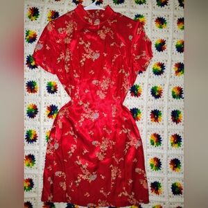 Red Floral Satin Cheongsam Dress